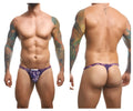 Purple patterned thong with white logo design from justin simon xsj03 classic thongs color pride collection