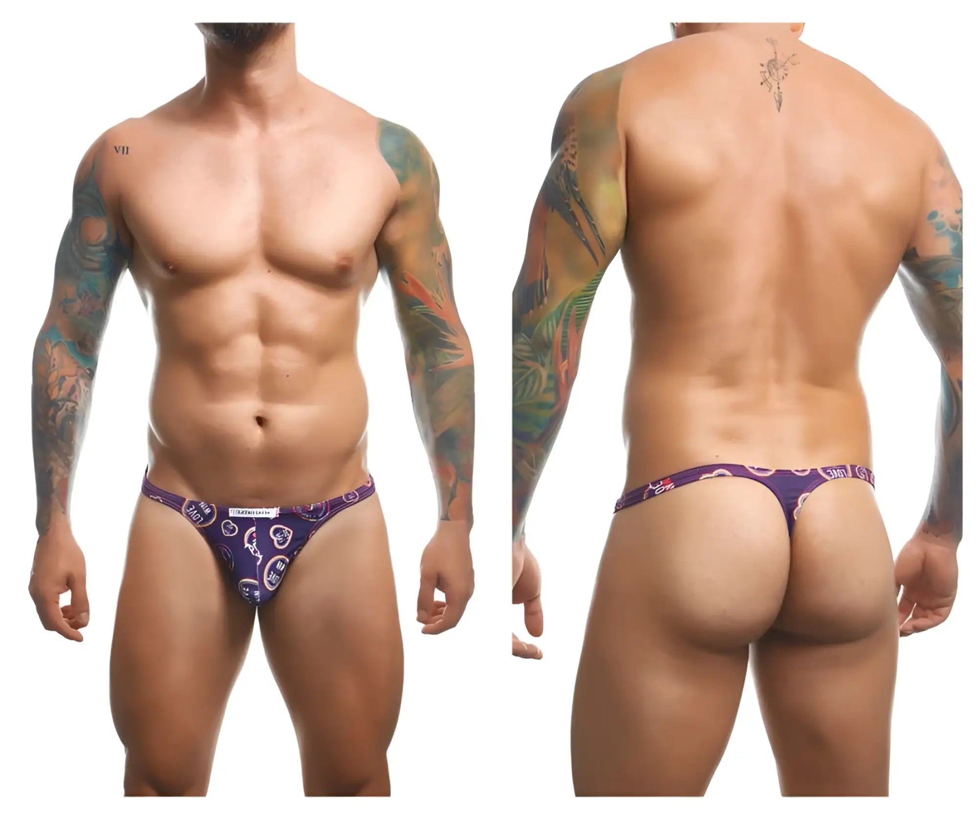 Purple patterned thong with white logo design from justin simon xsj03 classic thongs color pride collection