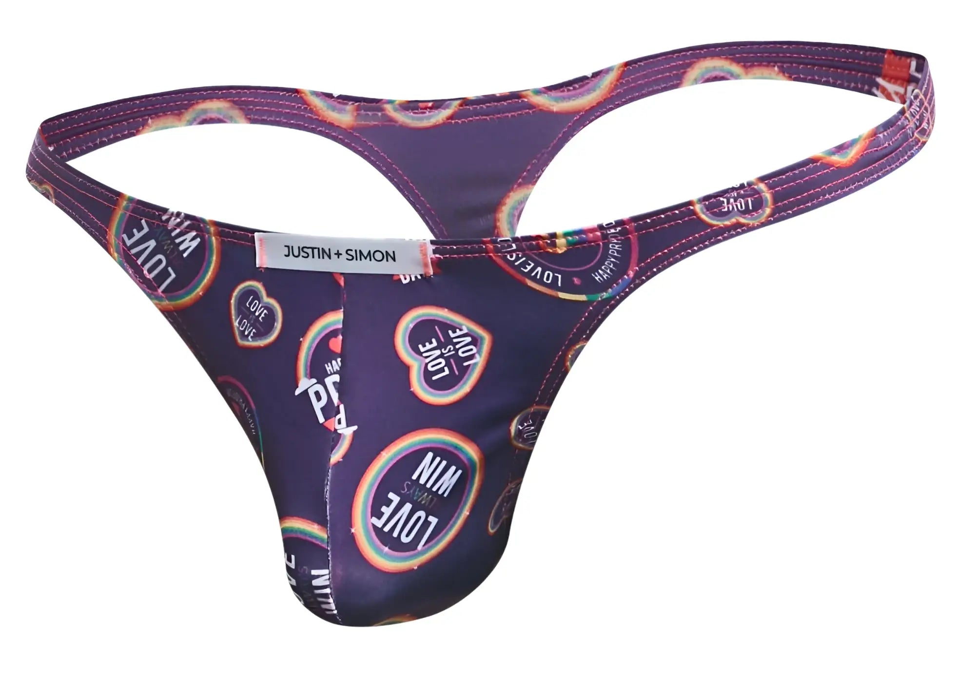 Purple classic thong with rainbow love heart designs and white justin simon brand tag in color pride collection