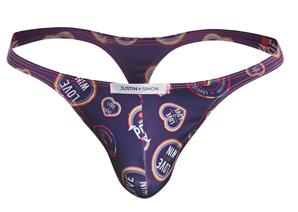 Purple justin + simon classic thong with rainbow love heart designs and white brand tag xsj03 color pride