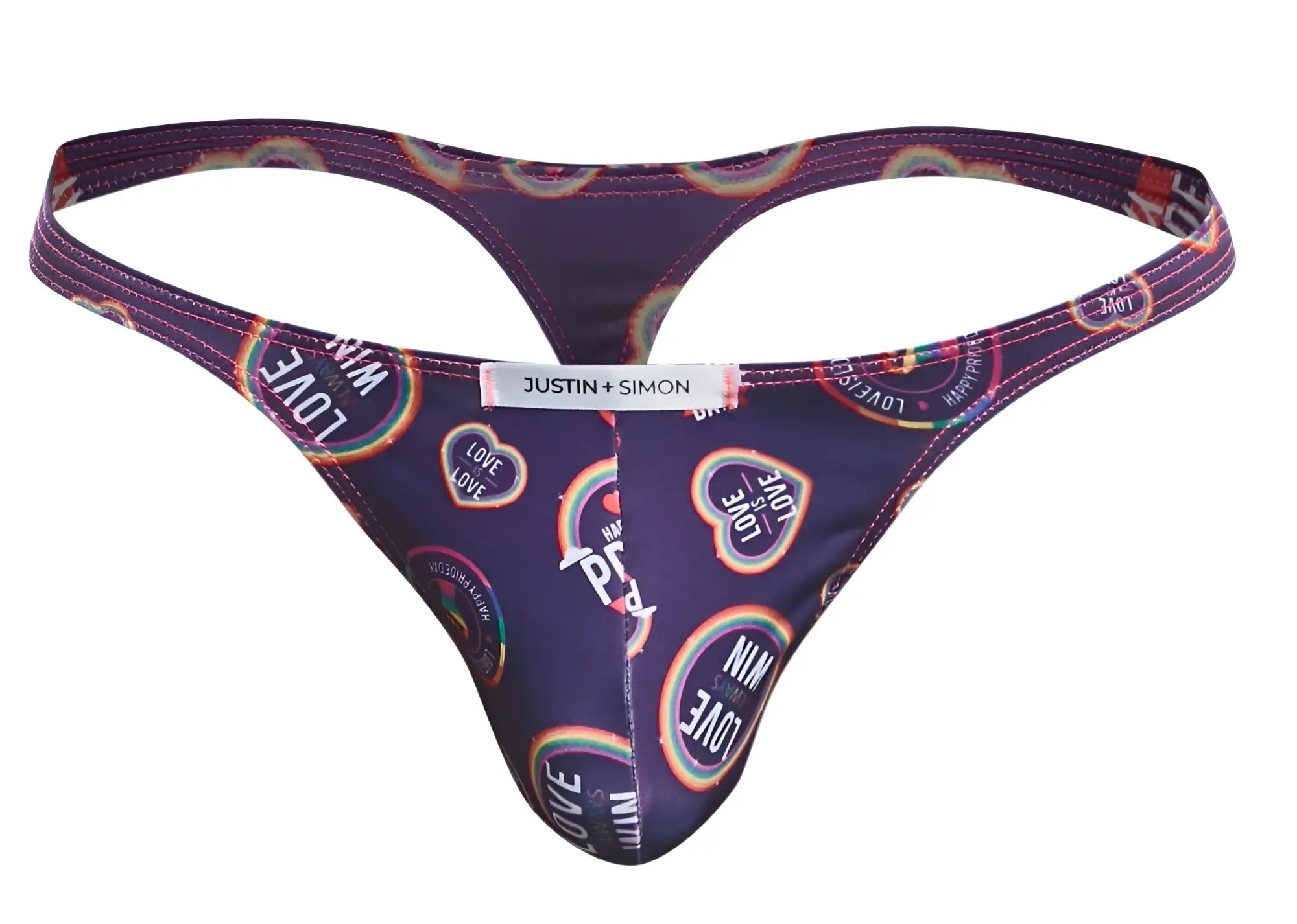 Purple justin + simon classic thong with rainbow love heart designs and white brand tag xsj03 color pride