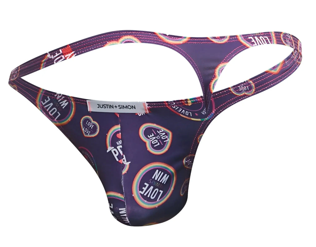Purple classic thong with vibrant rainbow love text pattern and justin simon brand label from color pride collection