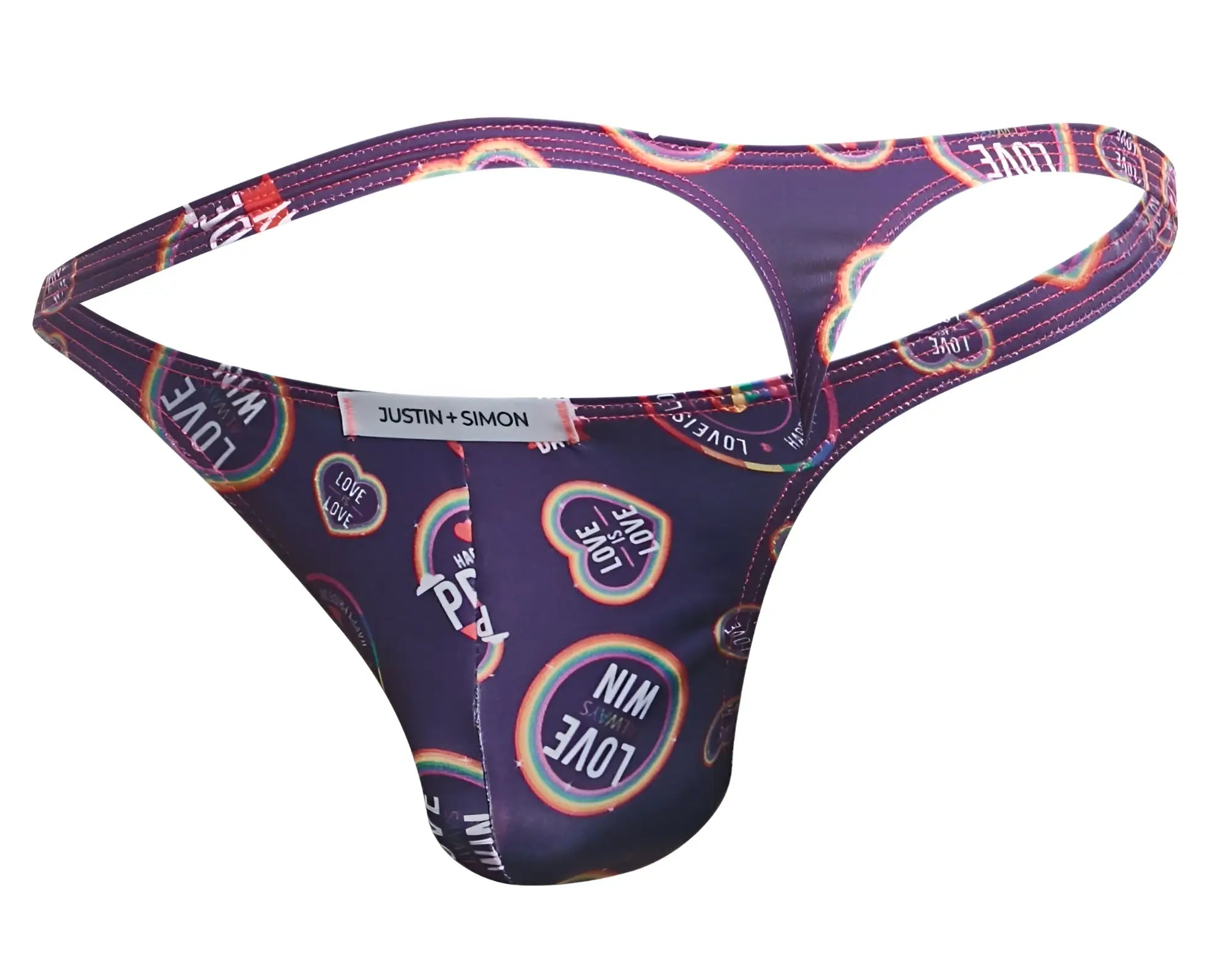 Purple classic thong with vibrant rainbow love text pattern and justin simon brand label from color pride collection
