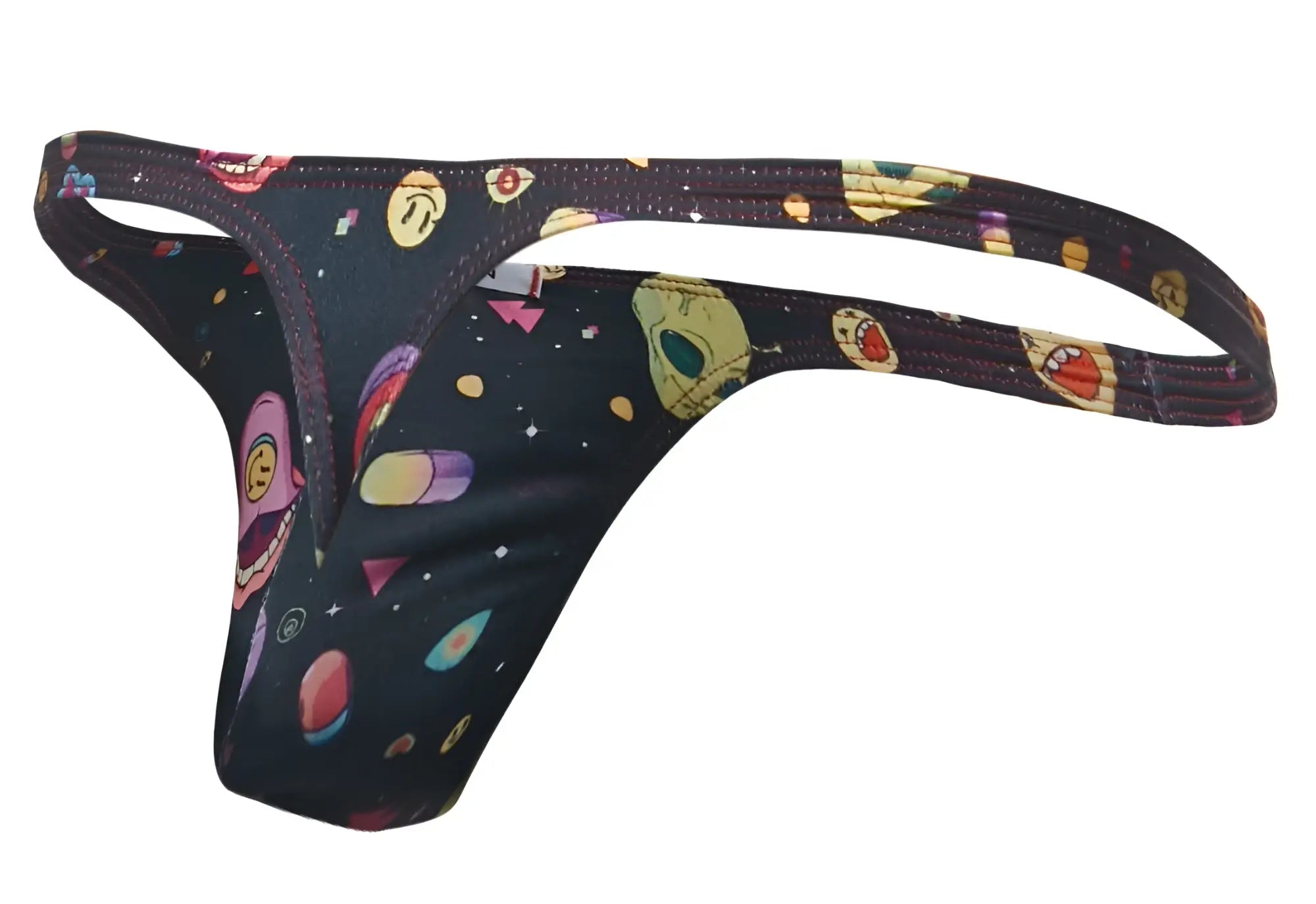 Black classic thong by justin simon with a colorful cosmic design of cartoon skulls planets and stars