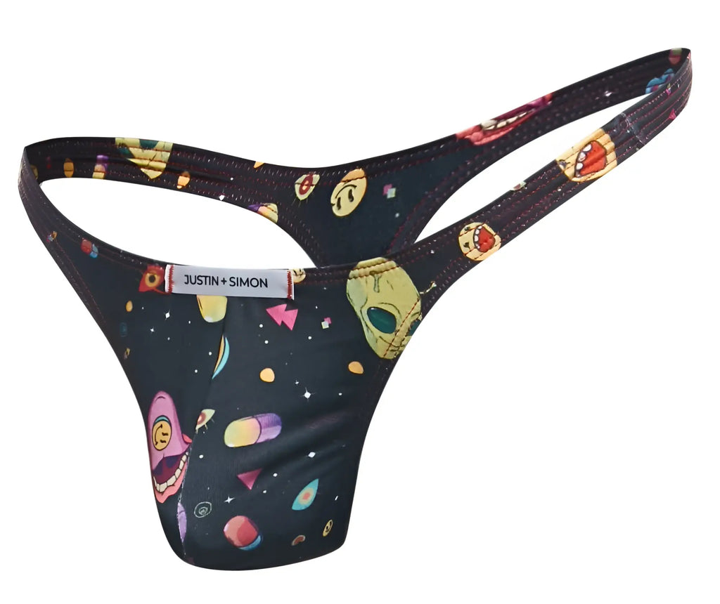 Black justin+simon classic thong with vibrant space-themed print of cartoon aliens planets and geometric shapes