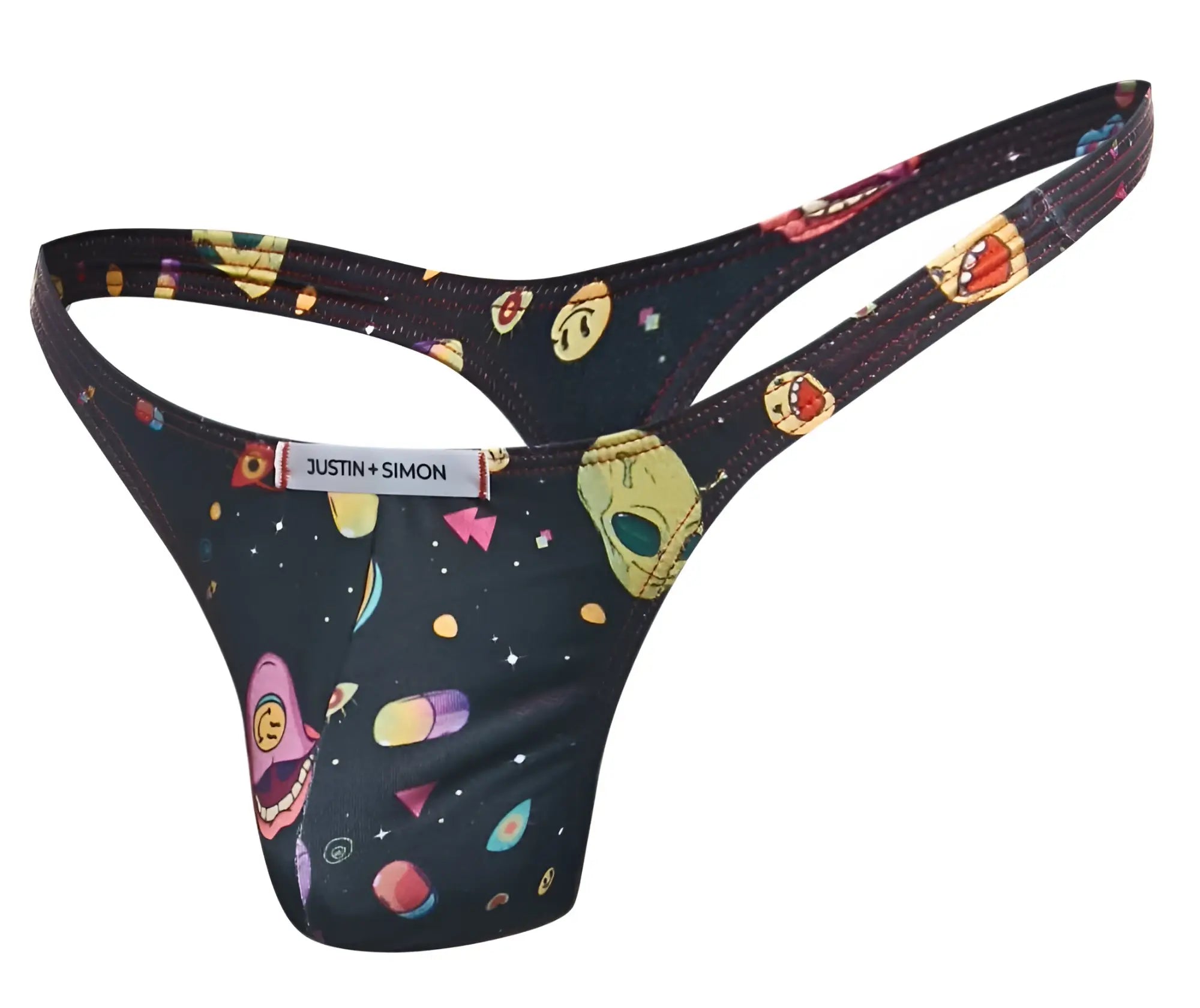 Black justin+simon classic thong with vibrant space-themed print of cartoon aliens planets and geometric shapes