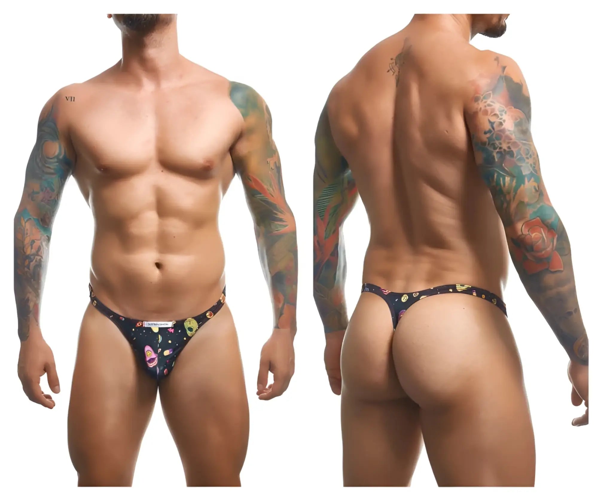 Dark blue classic thong by justin simon featuring vibrant space-themed planets stars and colorful cosmic patterns