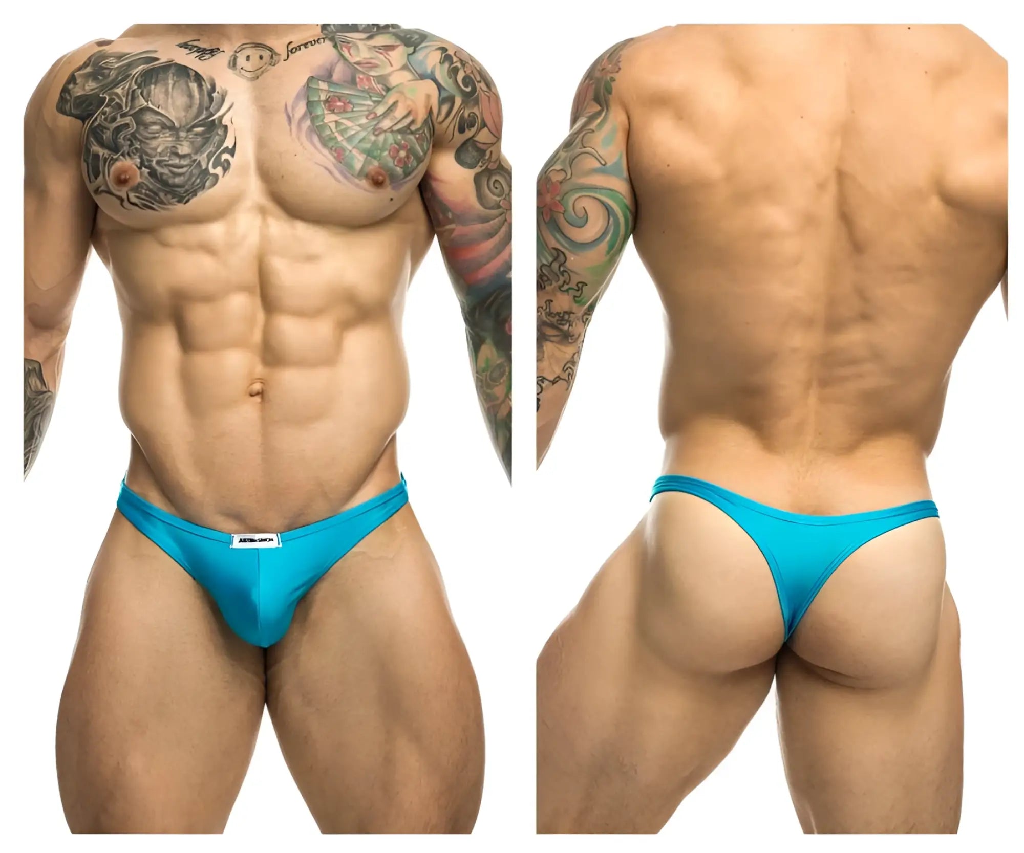 Bright turquoise blue JUSTIN+SIMON XSJ03 classic athletic briefs with small white brand tag at the waistband