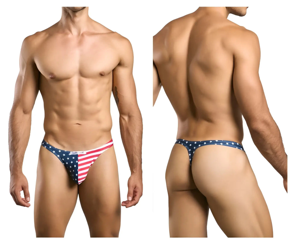 Justin plus Simon XSJ03 classic thong featuring American flag colors red white and blue in a patriotic design