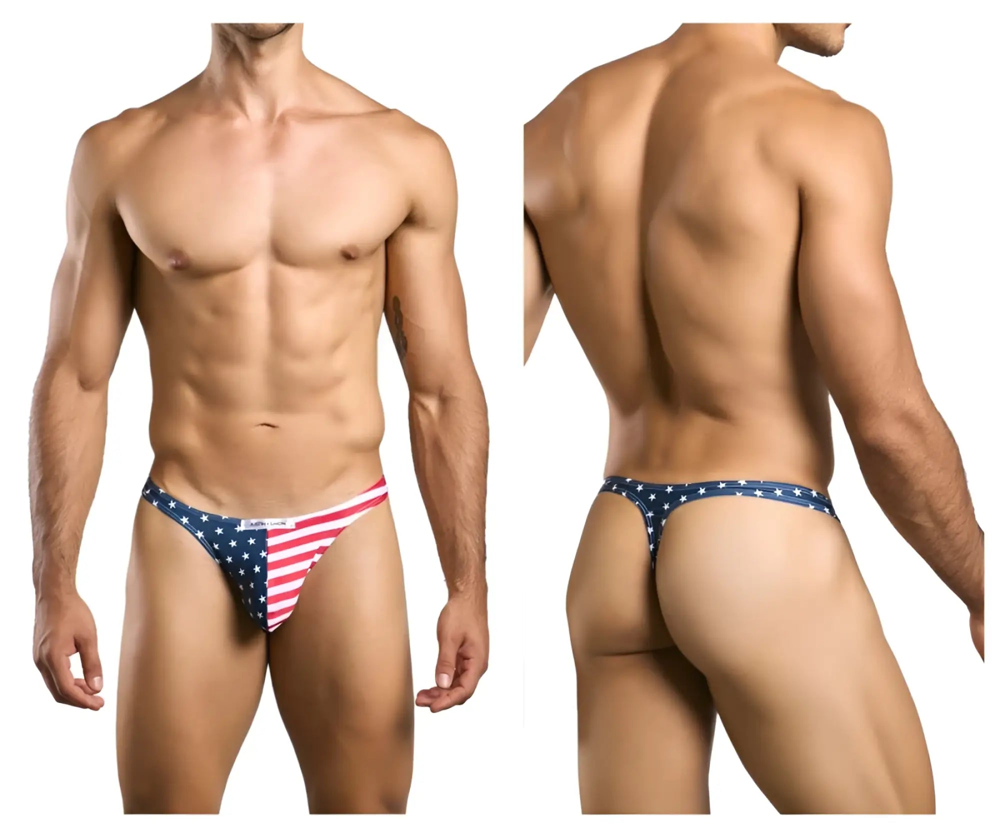 Justin plus Simon XSJ03 classic thong featuring American flag colors red white and blue in a patriotic design