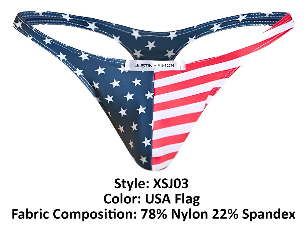 Justin+Simon xsj03 classic thong in blue and red usa flag pattern with white stars made of 78 nylon 22 spandex