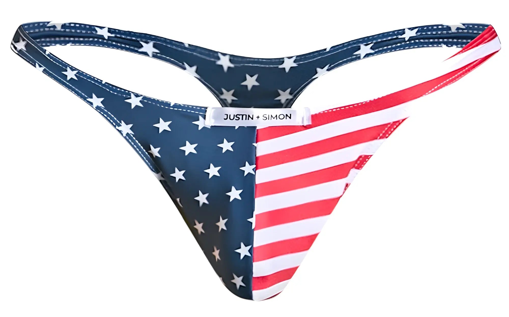 Blue and red american flag-themed thong with white stars by Justin + Simon from the XSJ03 Classic Thongs USA flag collection