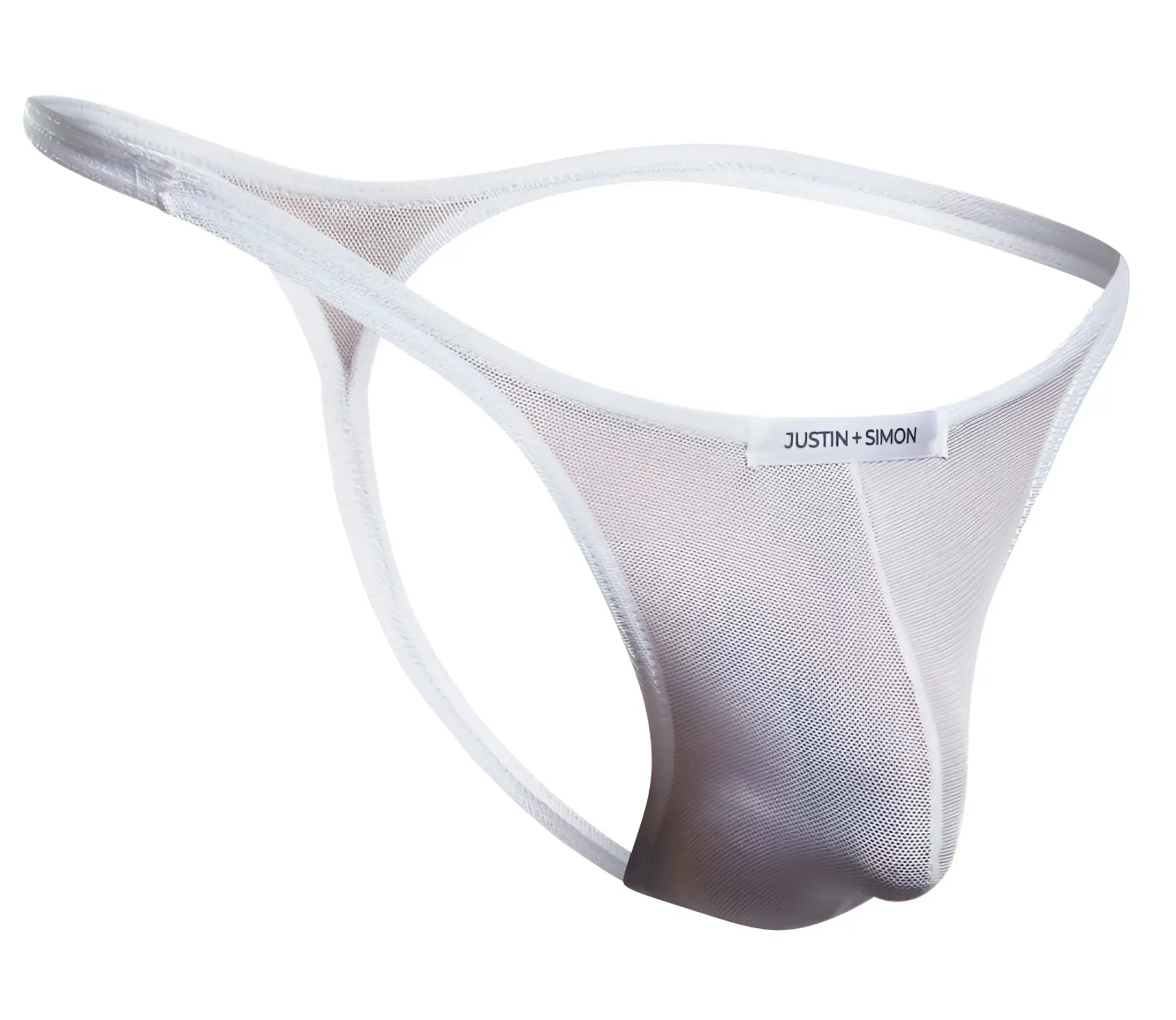 White mesh thong with subtle gradient and justin plus simon label on waistband from justin plus simon xsj03 collection