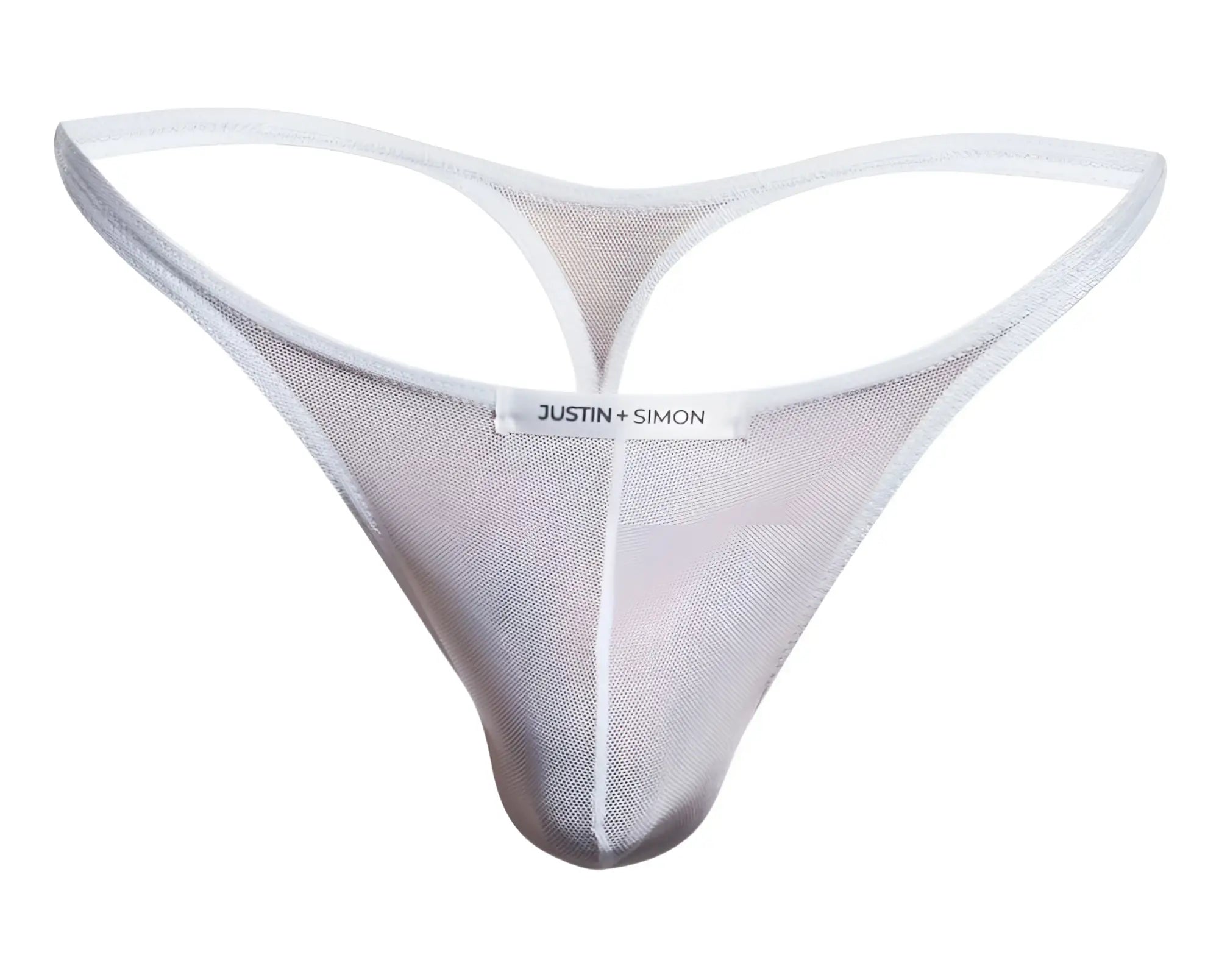 Transparent silver mesh thong with white trim and justin simon brand label in classic white mesh style