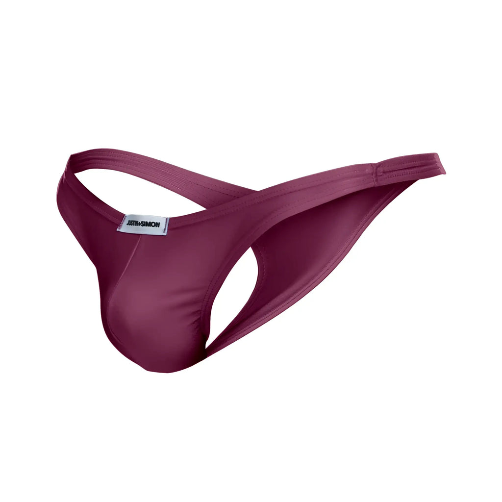 Justin simon xsj03 classic thong in wine color with smooth texture and adjustable straps showing front side