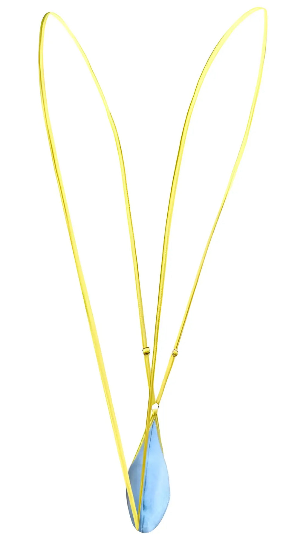 A delicate yellow chain necklace with a single teardrop shaped baby blue pendant from justin and simon
