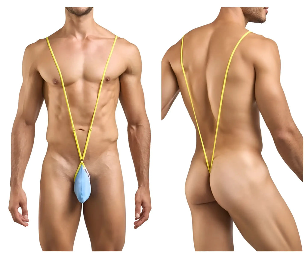 Yellow stringed men’s sling swimwear with light blue front pouch from justin simon xsj04 sling color baby blue