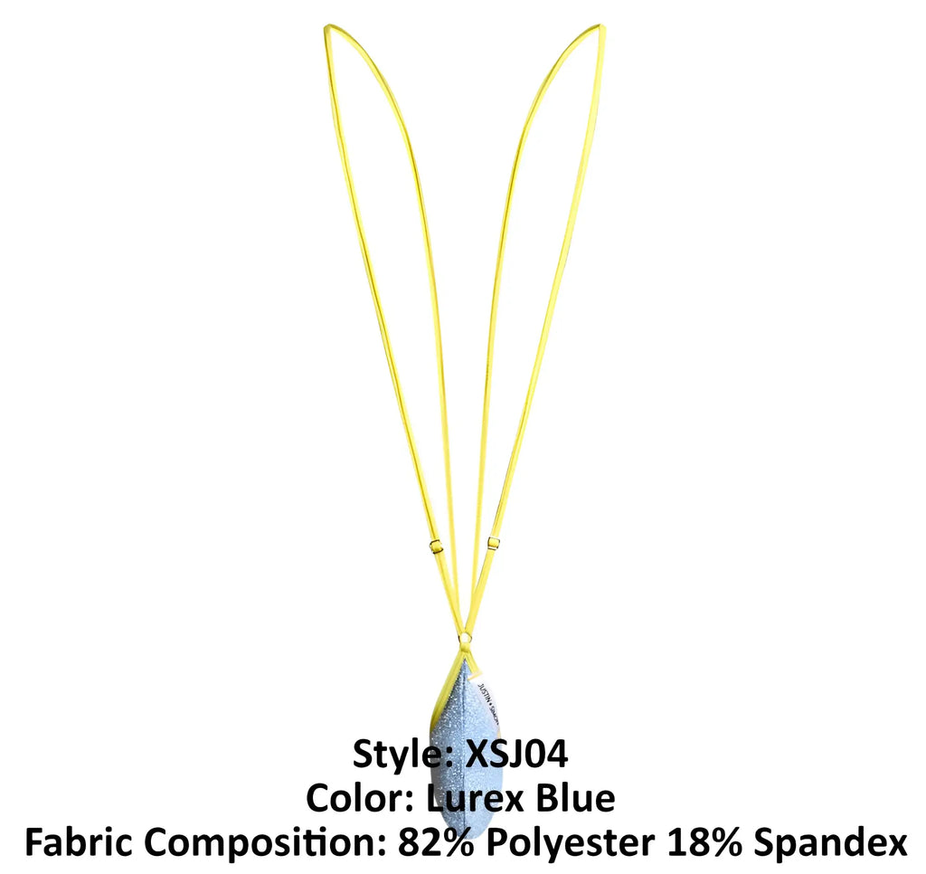 Justin simon xsj04 sling color lurex blue feather pendant in shimmering lurex blue on a bright yellow cord