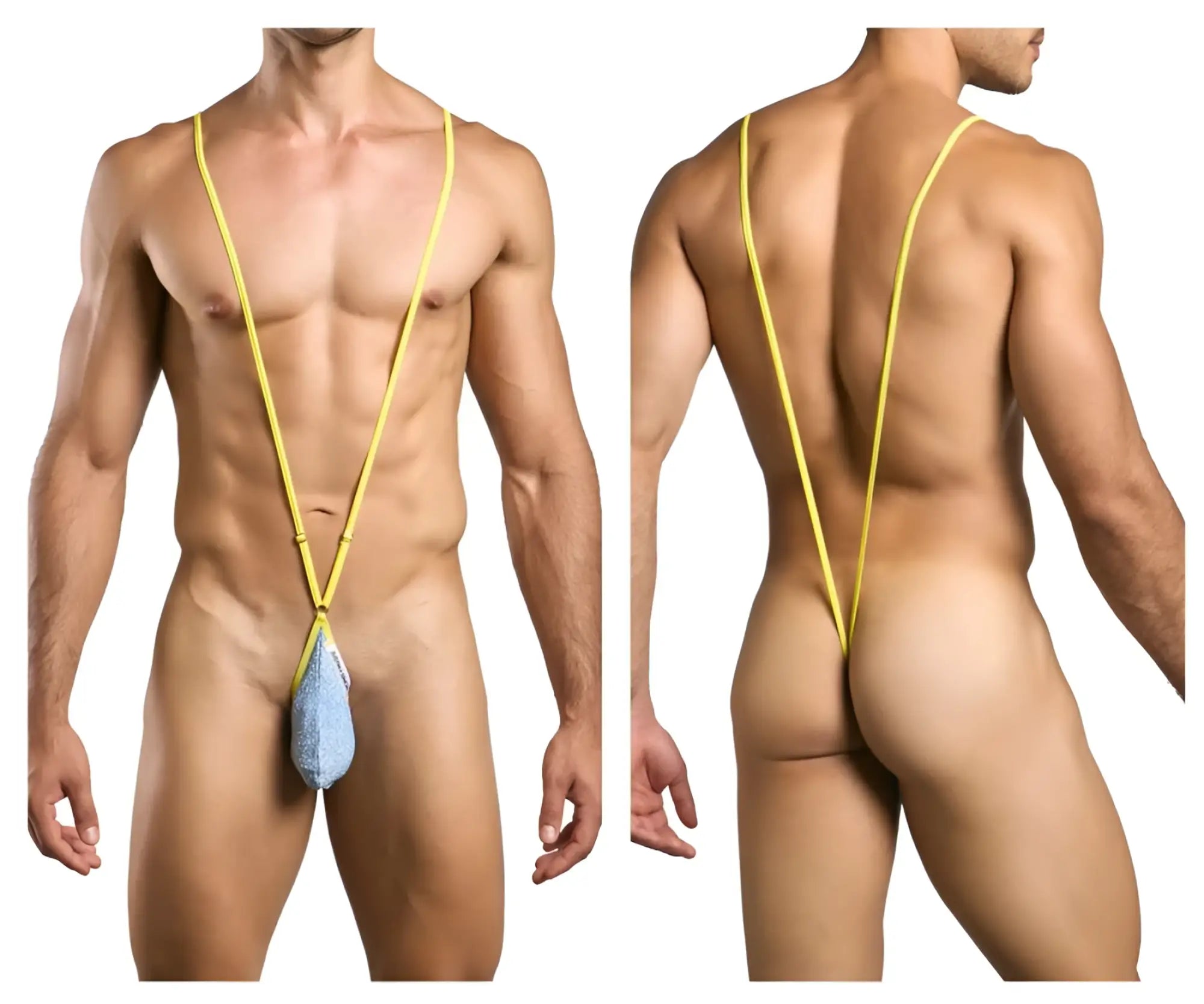 Yellow stringed men’s swimwear with a blue textured lurex pouch in justin simon xsj04 sling color lurex blue