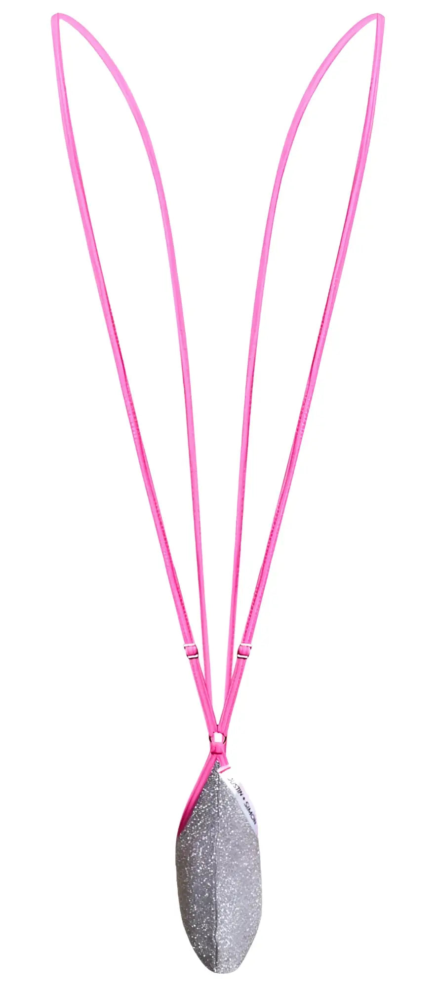 A pink cord necklace with a silver glittery leaf pendant from justin simon xsj04 sling color lurex gray collection