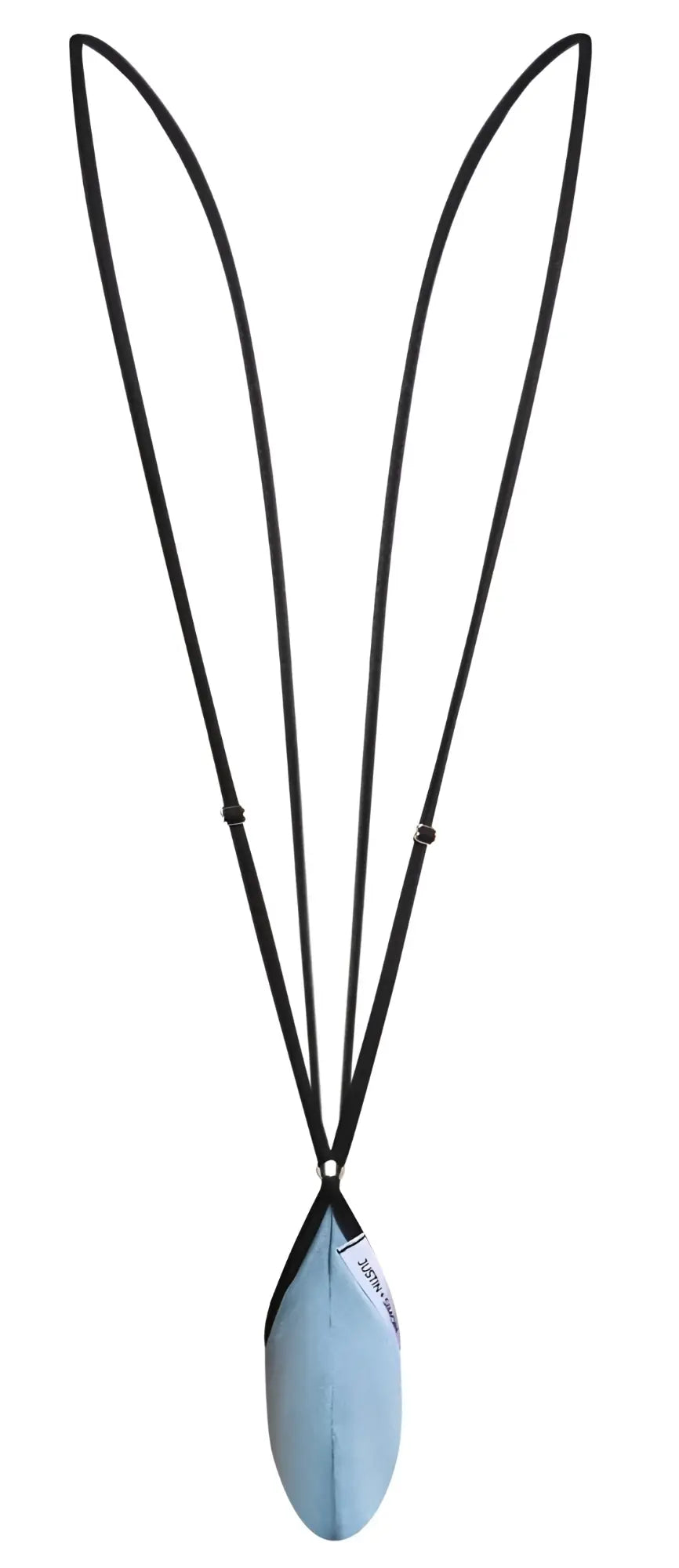 Light blue teardrop-shaped metal pendant on black cord from justin simon xsj04 sling color metal green collection