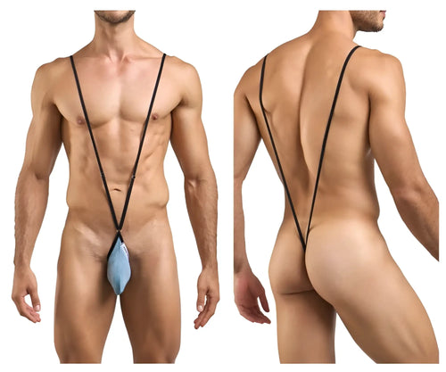 Light blue thin-strapped men’s thong with pouch front in justin simon xsj04 sling metal green color