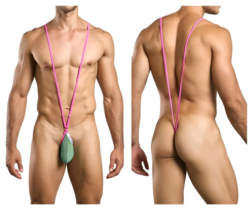 Pink stringed men’s briefs with a green pouch front by justin simon xsj04 sling color new green