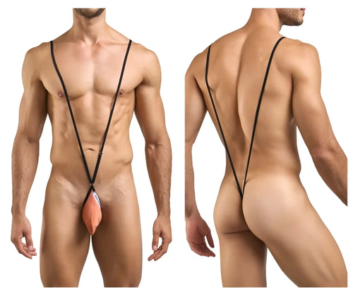 Black stringed men’s thong with peach-colored pouch and small white tag front in justin simon xsj04 sling ochre color