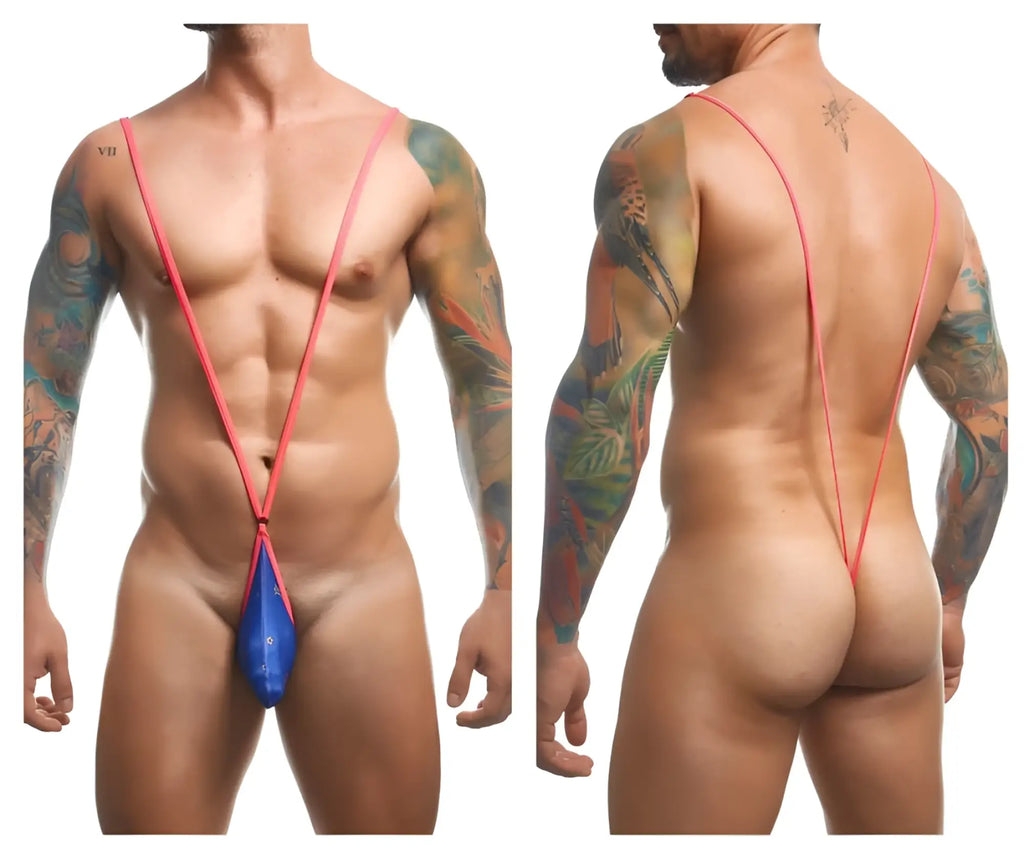 Blue nylon string bikini with pink straps in justin simon xsj04 sling color party design front view