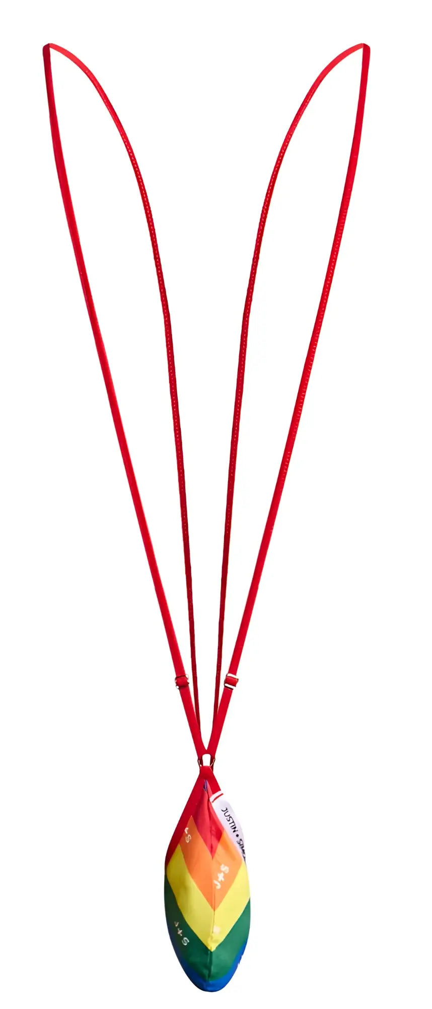 Rainbow-colored feather-shaped pendant on a red cord from justin simon xsj04 sling color pride flag collection