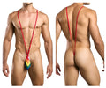 Red stringed rainbow-colored men’s thong with a triangular multi-hued design from JUSTIN SIMON XSJ04 Sling Color Pride Flag