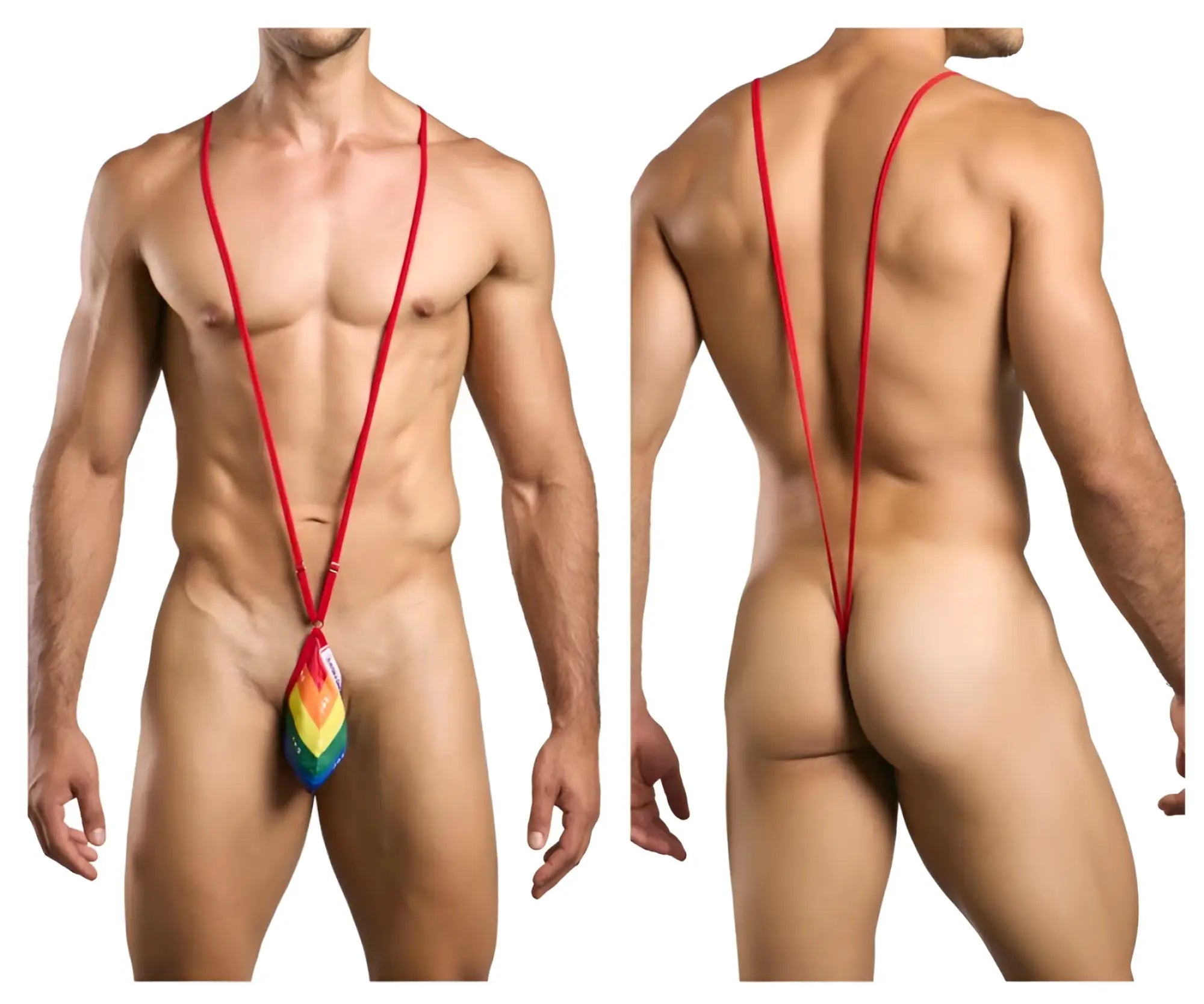 Red stringed rainbow-colored men’s thong with a triangular multi-hued design from JUSTIN SIMON XSJ04 Sling Color Pride Flag