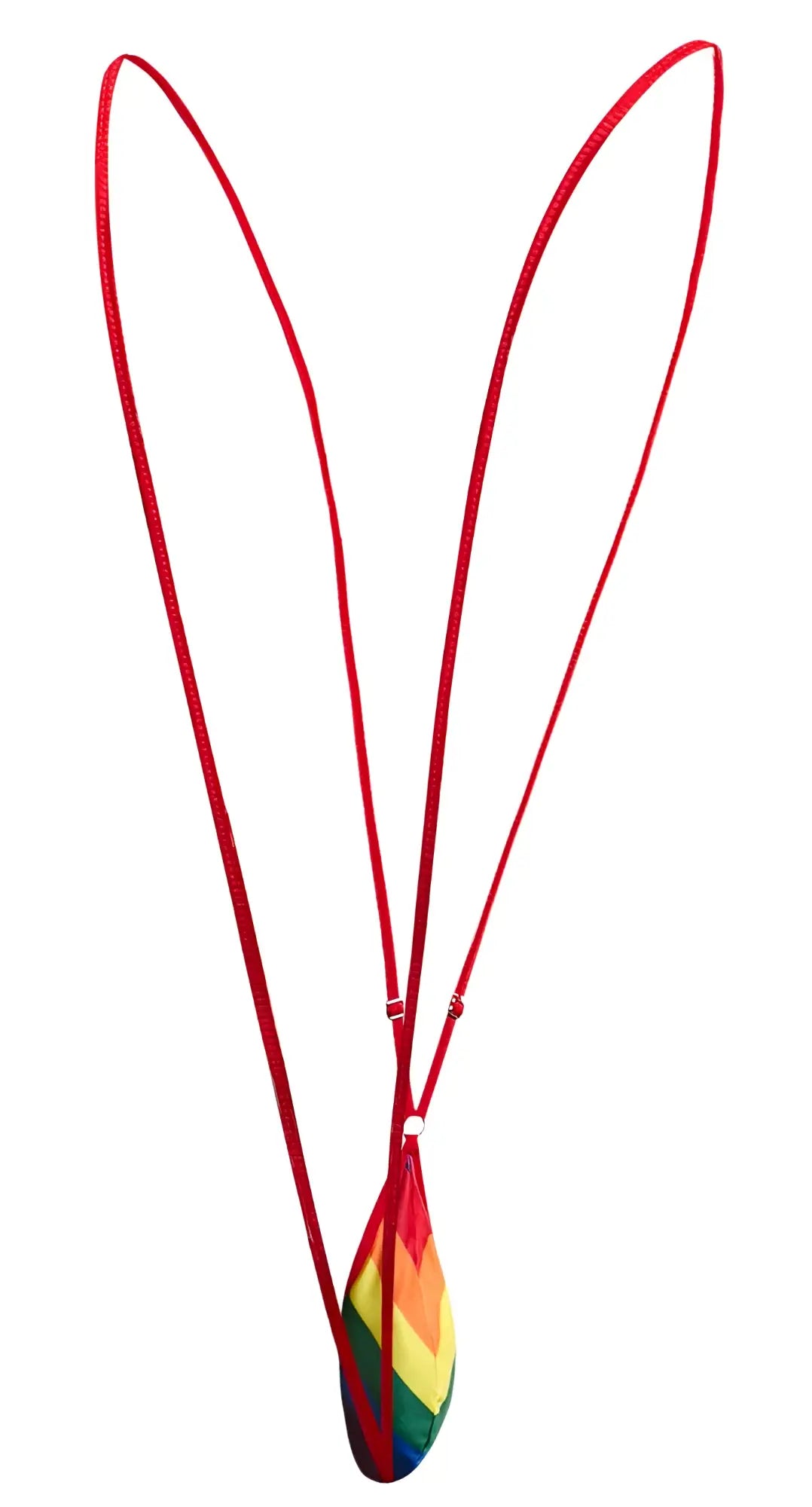 A vibrant rainbow-colored teardrop-shaped pendant with a red cord from justin simon xsj04 sling color pride flag collection