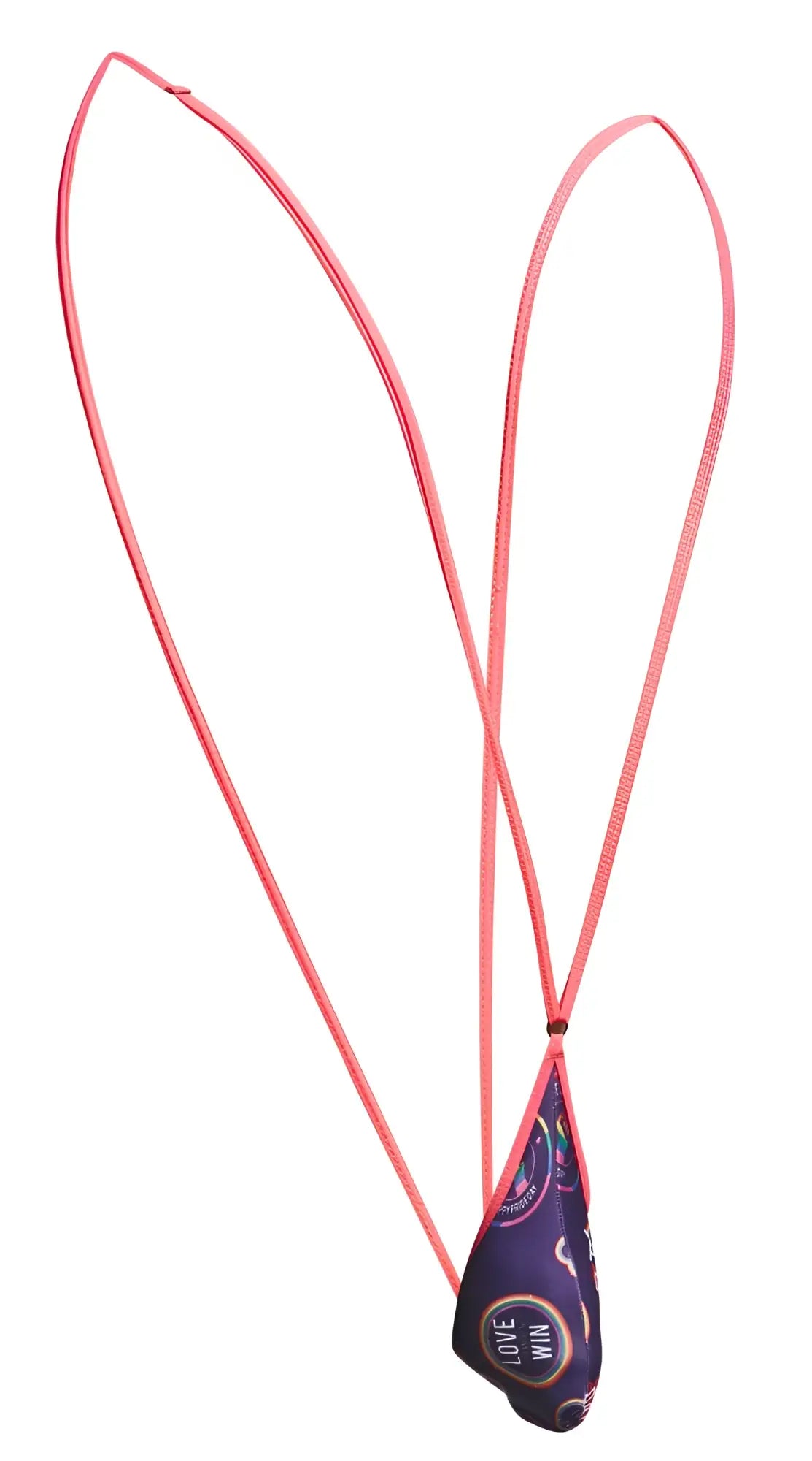 Pink elastic cord sling with purple patterned pendant featuring love win text for justin simon xsj04 pride collection