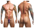 Pink stringed men’s thong with purple and blue patterned pouch from justin simon xsj04 sling color pride collection