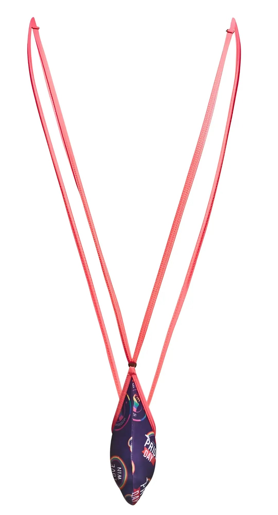 A vibrant pink corded necklace with a teardrop pendant featuring a purple and gold sports-themed print from justin simon