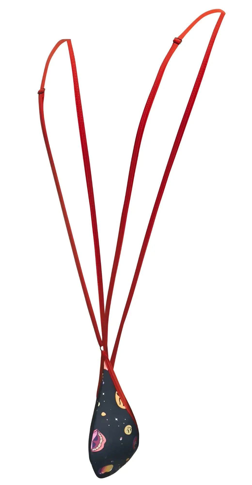 Red corded necklace with dark teardrop pendant featuring colorful cosmic patterns from justin simon xsj04 sling color psycodelic