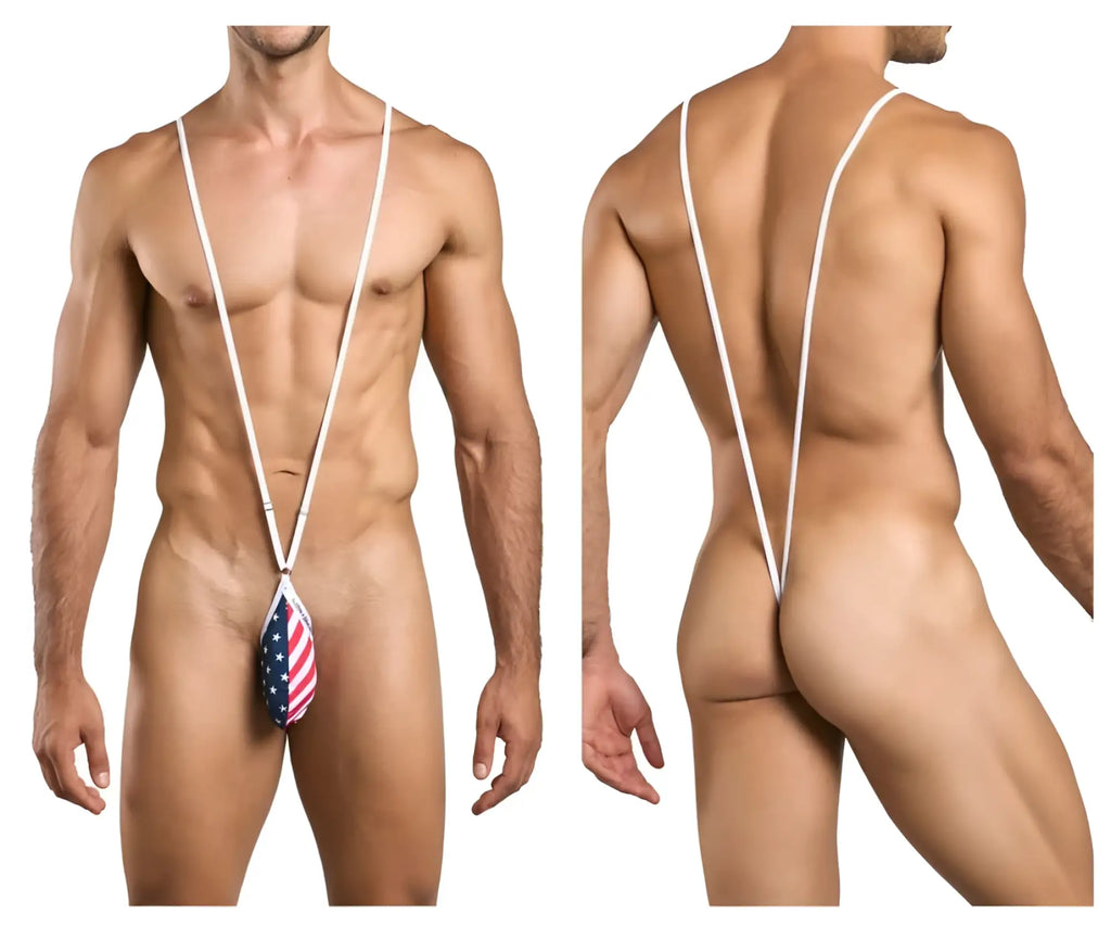 Mens white stringed thong with american flag fabric pouch front featuring justin simon xsj04 sling usa flag design