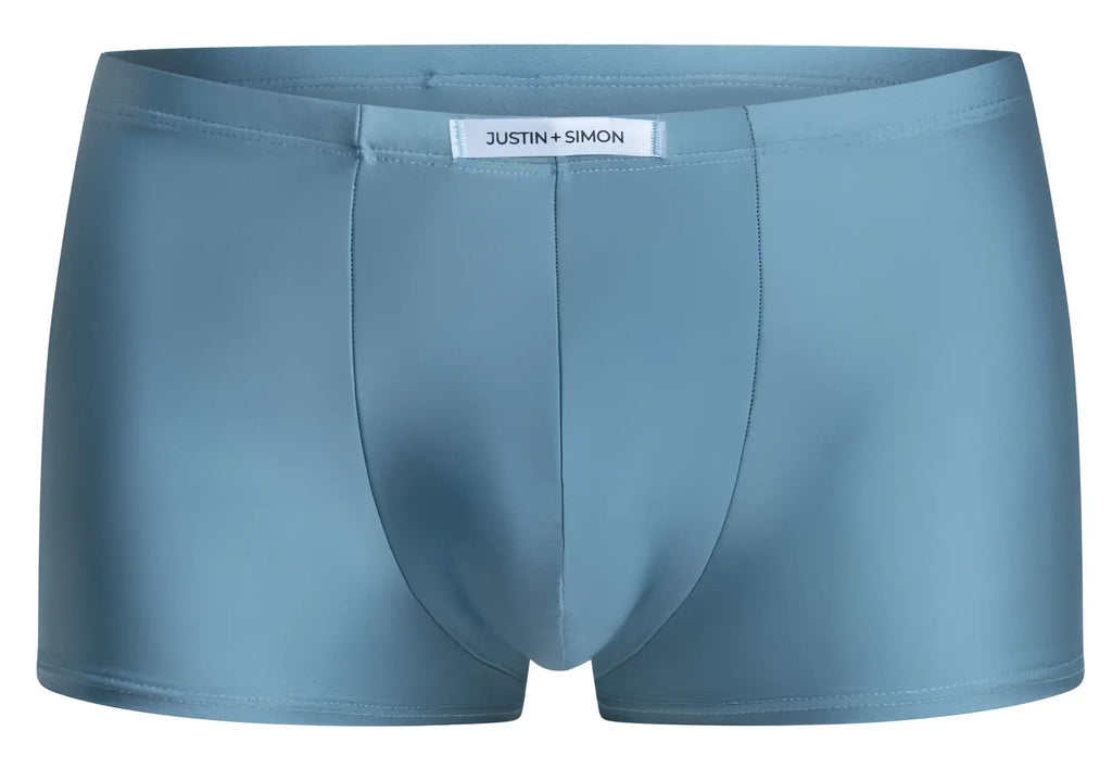 Light blue justin simon men’s briefs with smooth seamless fabric in classic boxer style metal green color