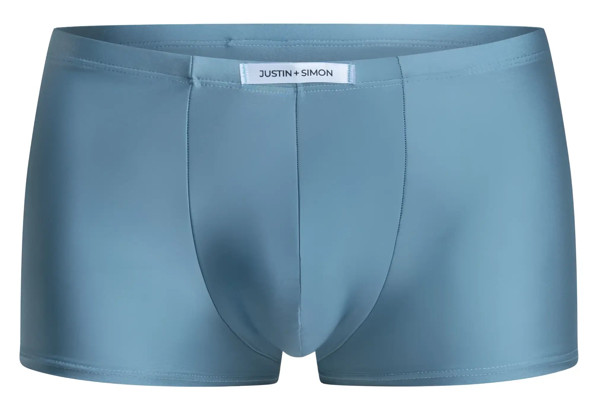Light blue justin simon men’s briefs with smooth seamless fabric in classic boxer style metal green color