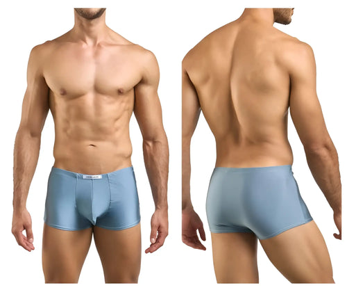 Light blue satin briefs with white brand tag at waistband from Justin Simon XSJ08 classic boxer metal green collection