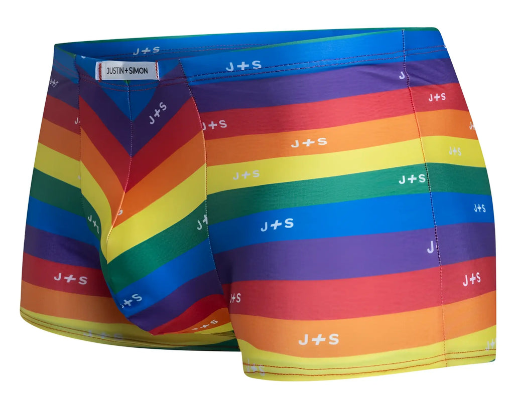 Rainbow-striped men’s boxer briefs with white j+s branding by justin+simon in classic color pride flag design