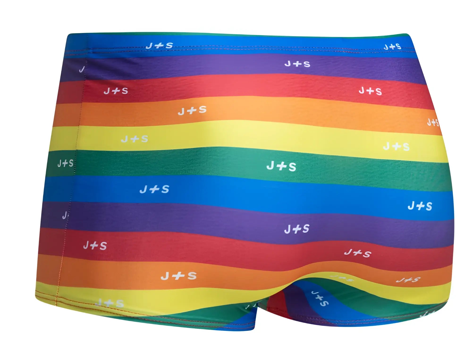 Rainbow-striped men’s boxer briefs with j plus s logo printed in white across each stripe by justin plus simon