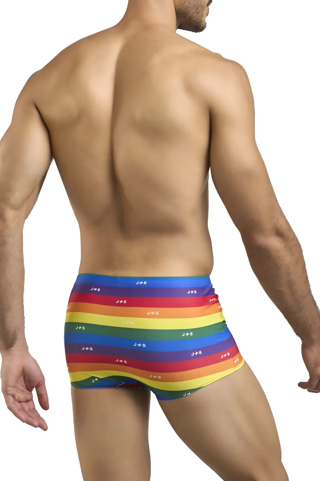 Rainbow-striped men’s classic boxer briefs with repeating white jds logo by justin simon pride flag design