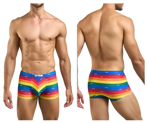 Justin plus simon xsj08 classic rainbow striped men’s boxer briefs with color pride flag and repeating jes logo pattern
