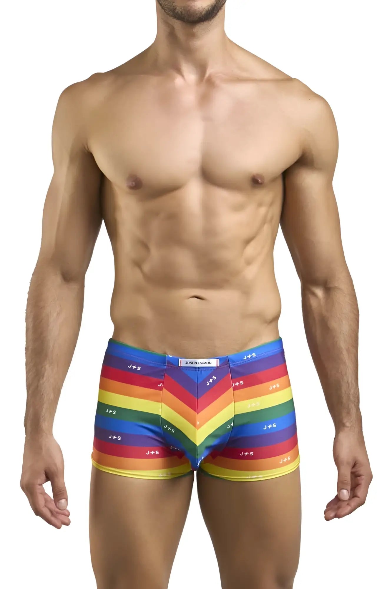Justin+Simon XSJ08 classic boxer briefs in vibrant rainbow stripes with chevron pattern and j plus s logo elastic waistband