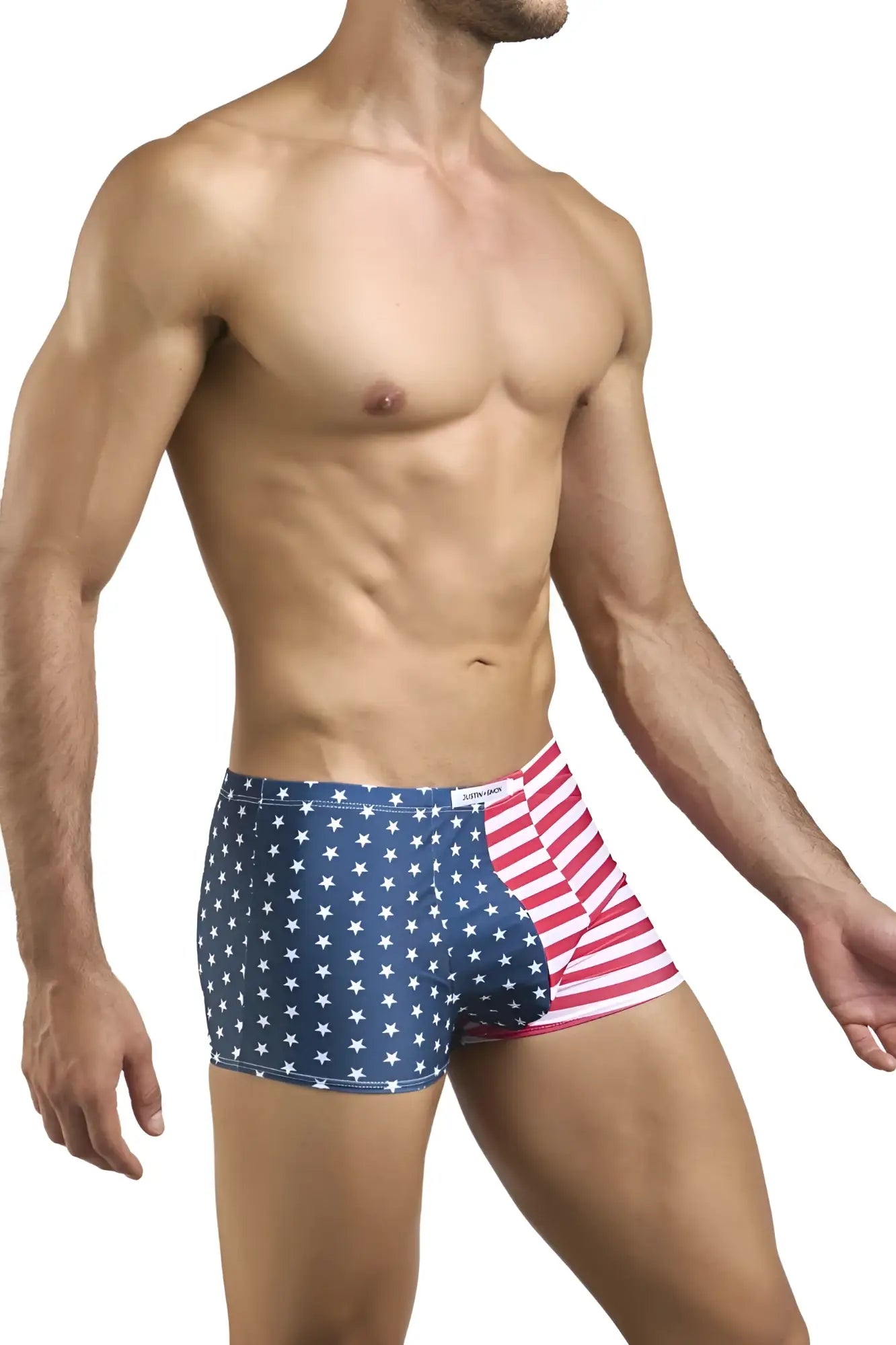 Justin simon xsj08 classic boxer briefs in blue and red stripes with white stars and usa flag split design