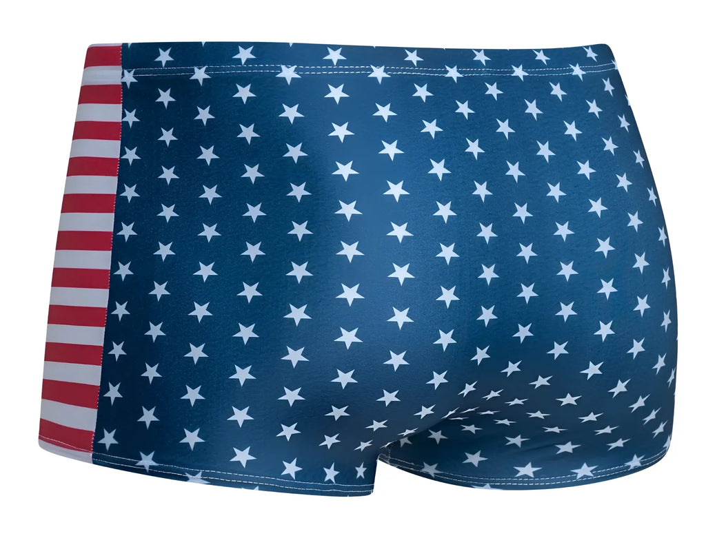 Blue swim trunks with white stars and red white striped side panel from justin simon classic boxer usa flag collection