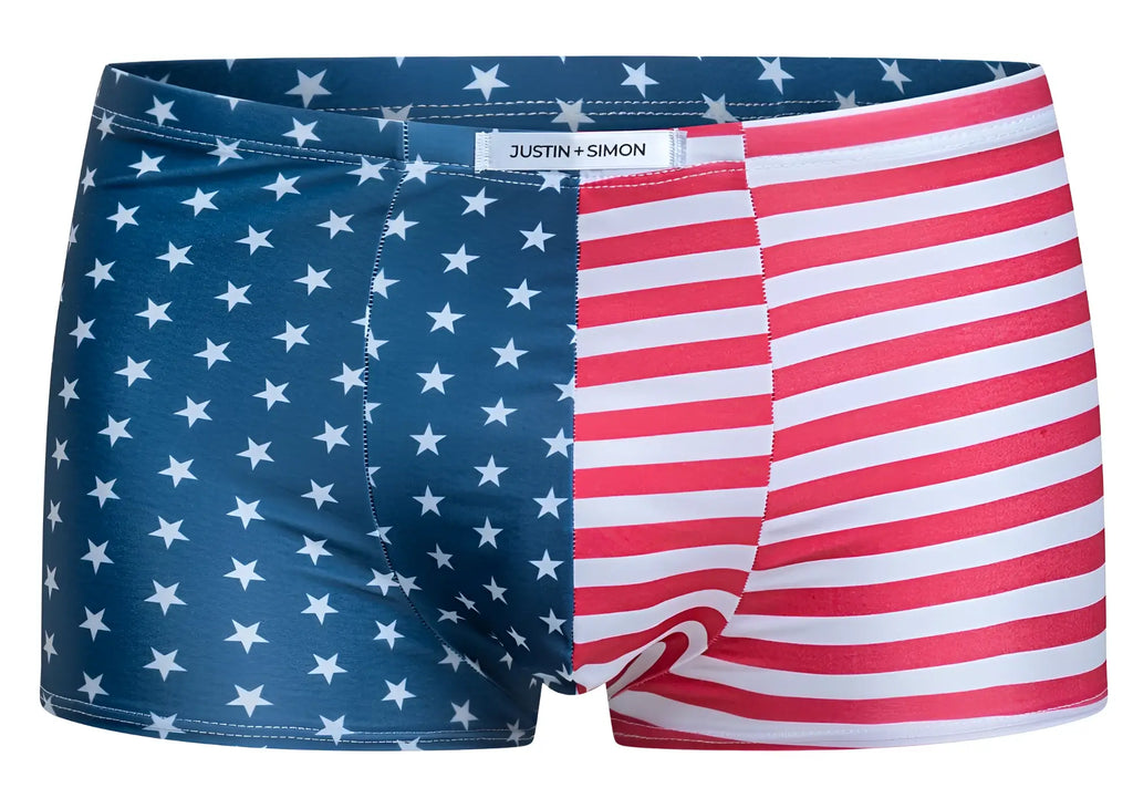 Justin simon xsj08 classic men’s boxer briefs with navy stars and red white stripes split USA flag design