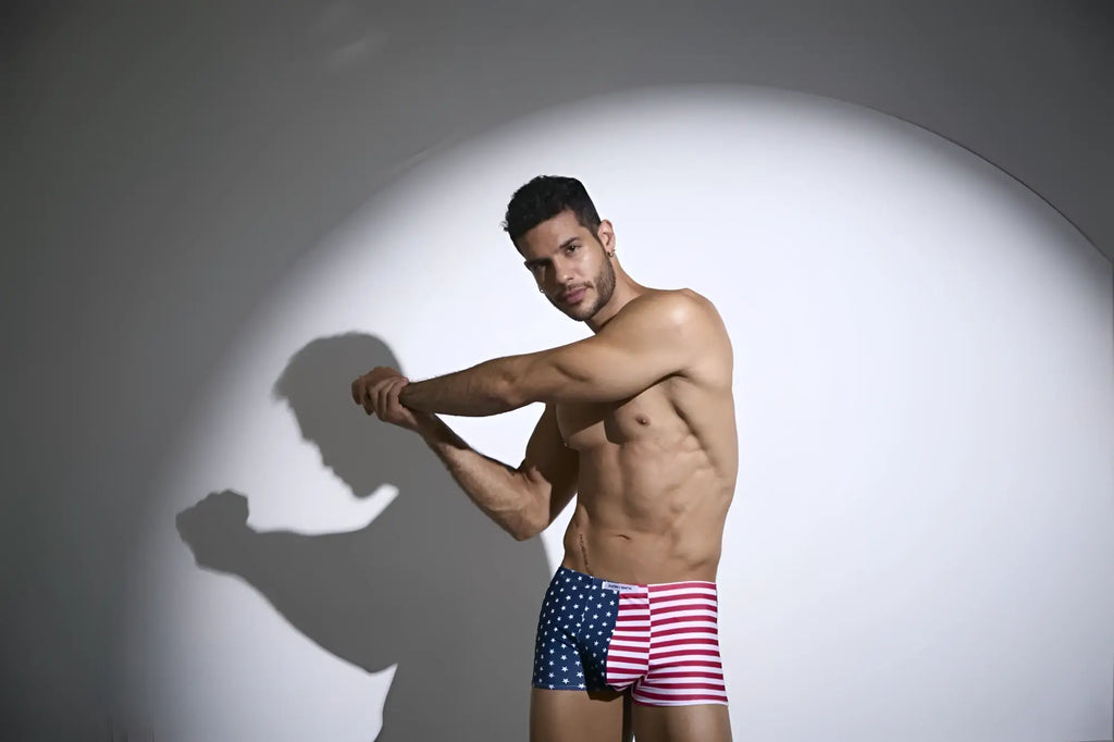 Men’s american flag-themed boxer briefs by justin simon xsj08 in red white and blue with stars and stripes design